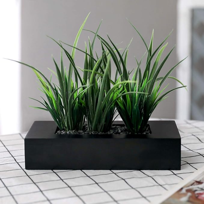 MyGift Artificial Green Grass Plants Potted in 9-inch Matte Black Wood - Image 3