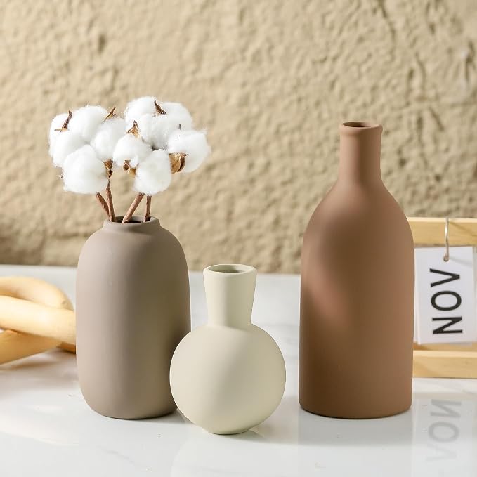 Ceramic Vases Set of 3, Modern Neutral Rustic Farmhouse Home Decor Pottery - Image 2