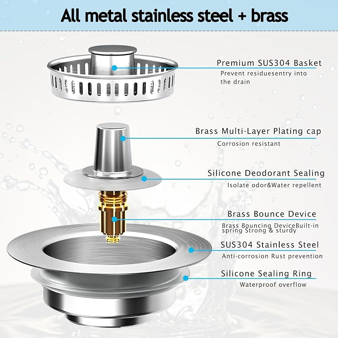 Sink Drain Strainer 3 in 1, 304 Stainless Steel Pop Up Kitchen Sink Stopper - Image 2