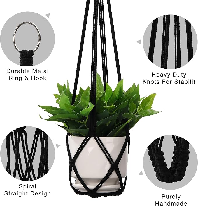 YIBOT Macrame Plant Hanger Indoor 35 Inch Hanging Planter Basket Black 2Pc | - Image 3
