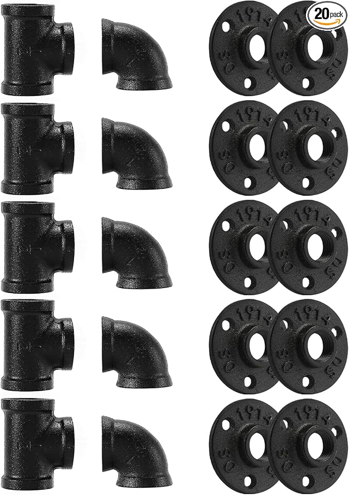 1/2" Black Pipe Fitting, Home TZH 20 Pack Floor Flange/Elbow/Tee Combo by HomeTZH