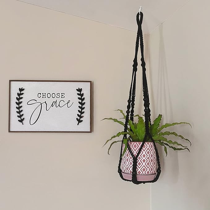 Mkono Macrame Plant Hanger Indoor 35 Inch Hanging Planter Basket Black 2Pc | - Image 7
