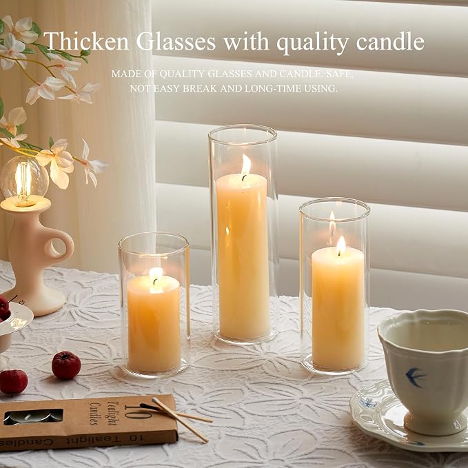 Set of 6 Pillar Candles with Clear Glass Hurricane Holders- Elegant Cylinder - Image 7