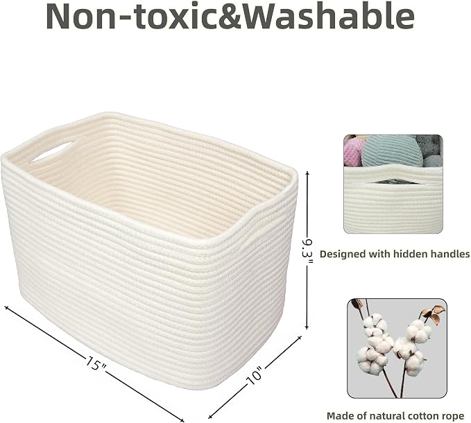 XUANGUO Woven Cotton Rope Storage Baskets 15x10x9.3" 3 Pack White | Decorative - Image 2