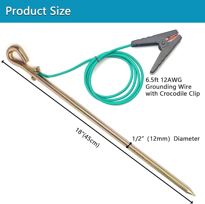 Portable Ground Rod with 6.5ft 12AWG UL Listed Grounding Wire with Crocodile - Image 2