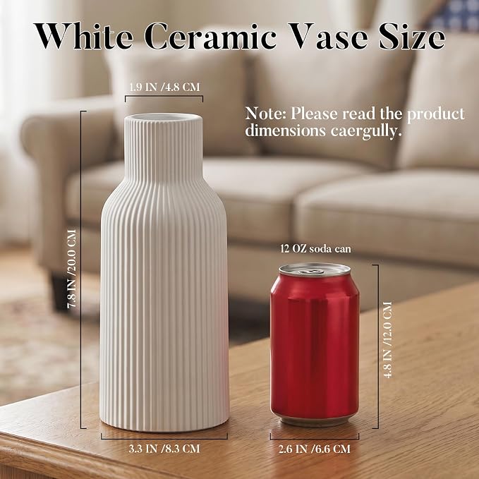 White Ceramic Vase, Modern Matte Ribbed Flower Vase - Image 4