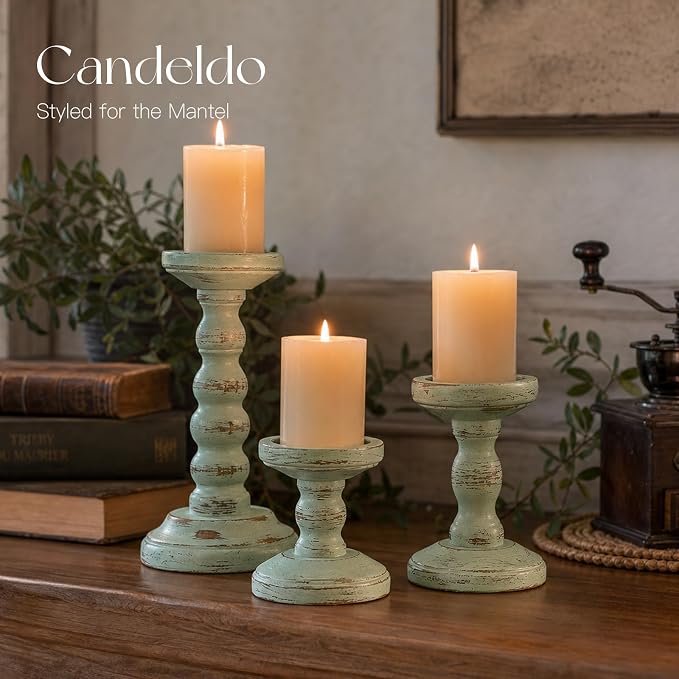 Wood Candle Holder for Pillar, Sage Green Farmhouse Decor | Set of 3, Table - Image 5