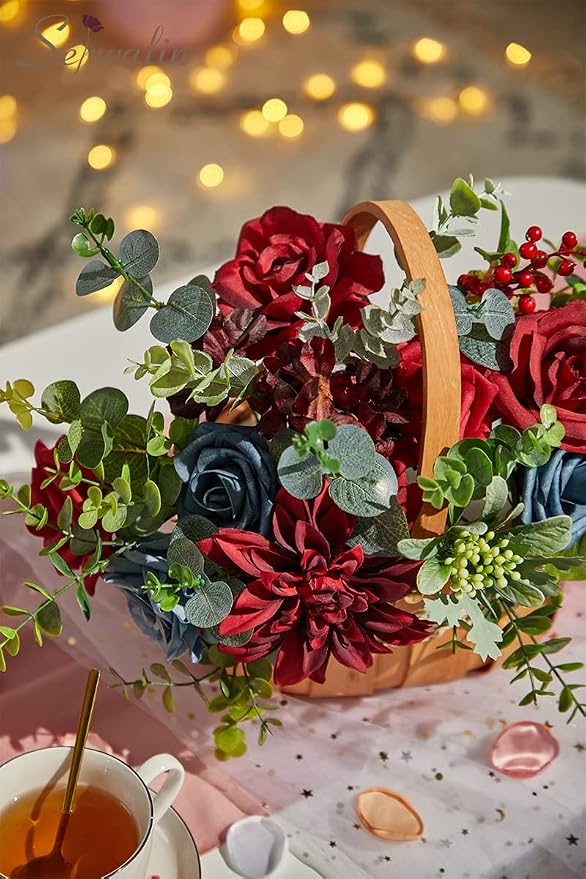 Serwalin Artificial Flowers Burgundy Navy Dahlia Silk Flowers - Image 9