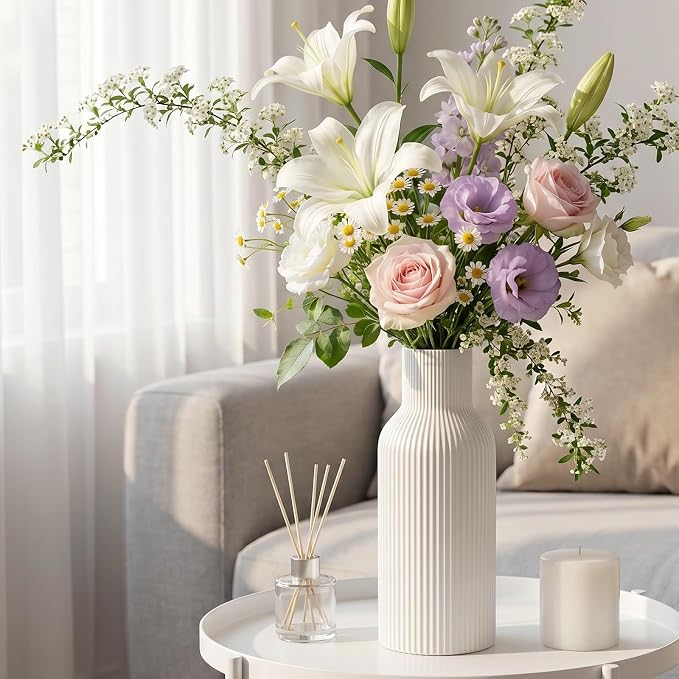 Large White Tall Ceramic Vase, Modern Matte Vertical Ribbed, Nordic Minimalist - Image 2