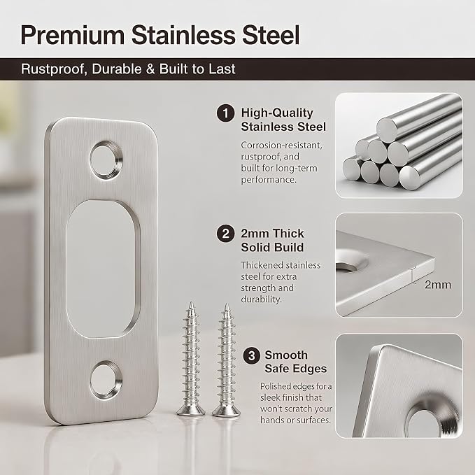 Round Corner Deadbolt Strike Plate, Stainless Steel – 2 Pack, Brushed Nickel - Image 5
