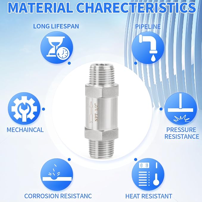 ChillWaves 304 Stainless Steel In-Line Split Check Valve 1/2" NPT Male Thread - Image 6