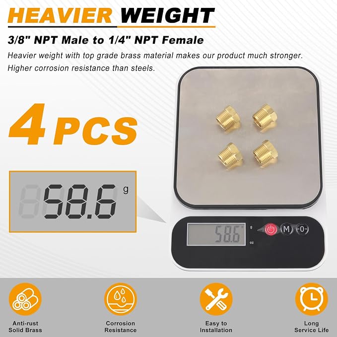 KOOTANS 4pcs Heavy Duty 3/8 NPT Male Thread to 1/4 NPT Female Thread Brass - Image 5