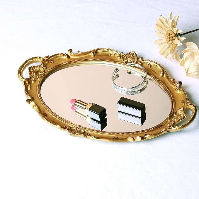 Polyresin Ellipse Antique Decorative Mirror Tray, Makeup Organizer, Jewelry - Image 2