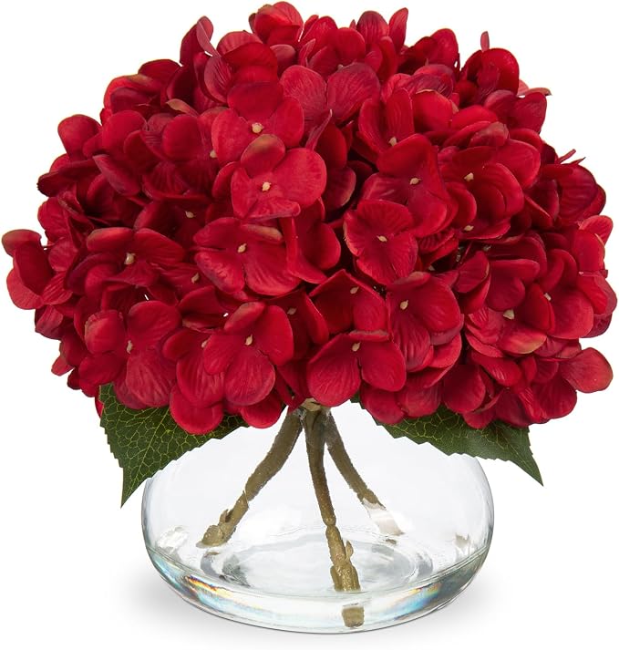 Hollyone Hydrangea Artificial Flowers in Vase Red Silk Fall Fake Flowers by Hollyone