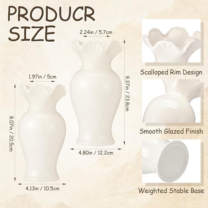 2 Pack White Ceramic Vase Set Small Rustic, Classic | Decorative Flower Vases - Image 2