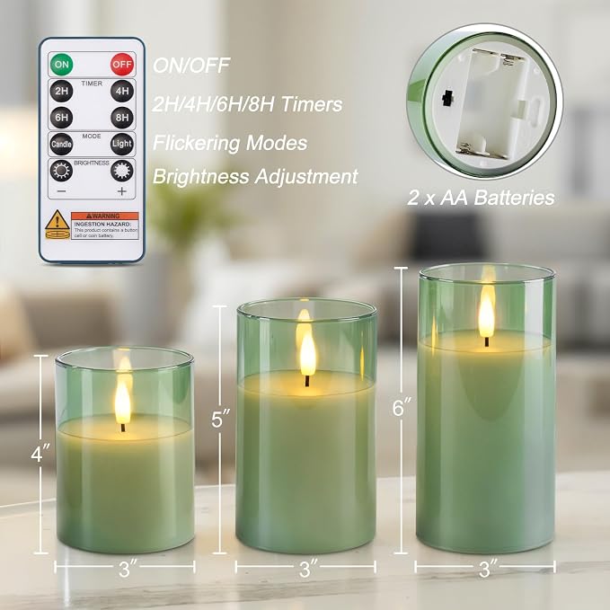 Homemory Sage Green Glass Flameless Candles, Real Wax, Remote Timer, 3 Pack | - Image 9
