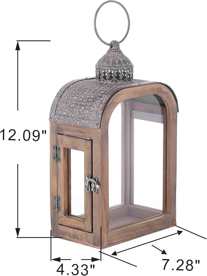 11" High Farmhouse Decorative Lantern, Glass and Metal, Distressed Brown Wood - Image 2