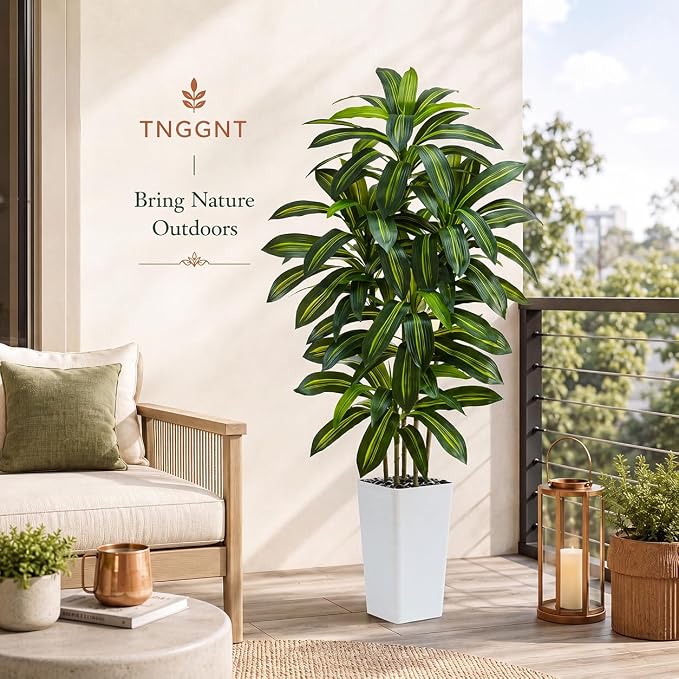 Artificial Dracaena Tree: 5FT Fake Plants Silk Faux Trees（White Pot） | - Image 10