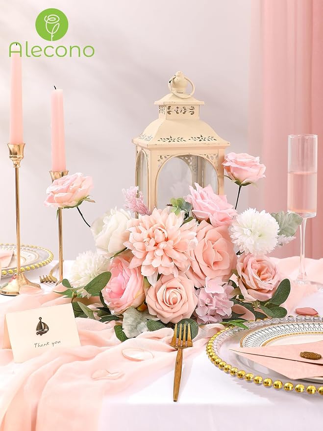 Alecono Light Pink Artificial Flowers, Silk Fake Roses Floral Set | - Image 6