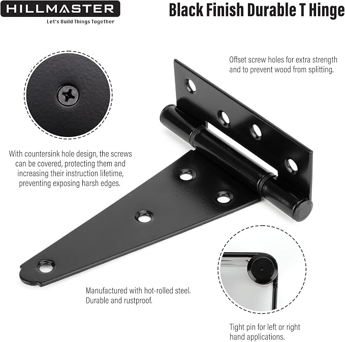 HILLMASTER 6 Inch T-Strap Heavy Duty Shed Door Hinges Gate Strap Hinges Black - Image 3