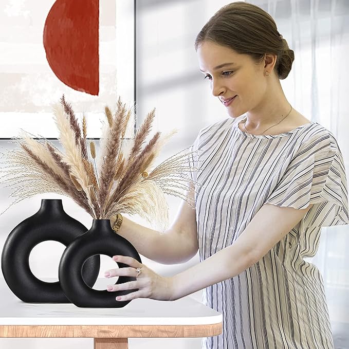Ceramic Vases Set of 2, Modern Black Round Vase Rustic Home Decor, Donut - Image 2