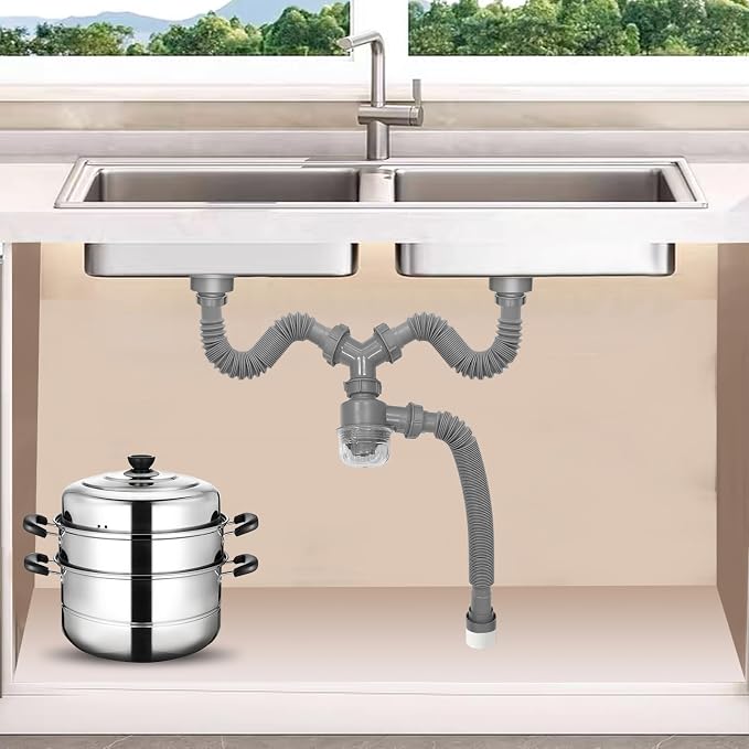 Double Sink Drain Kit Expandable Flexible 1 1/2 Inch P-Trap - Image 3