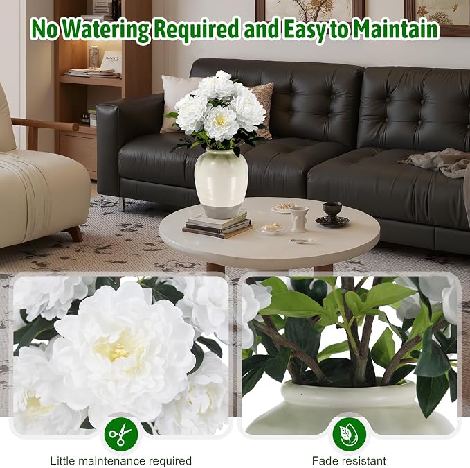 Fake Peony Plant 2FT Tall, Realistic Touch Leaves, Potted Peony Artificial - Image 4