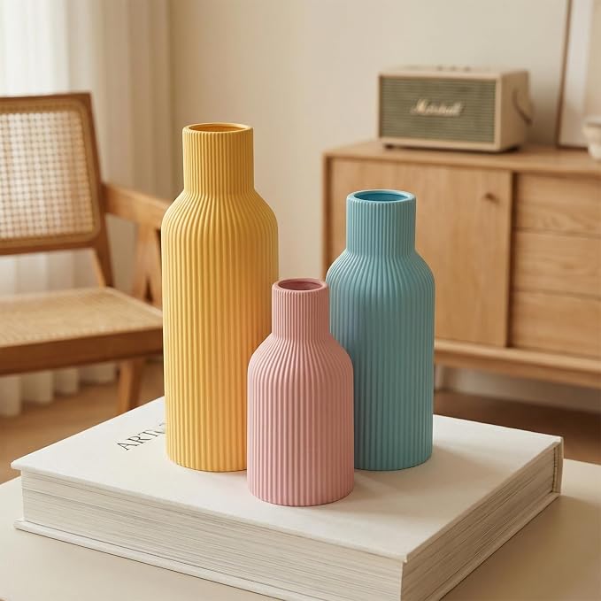 Colorful Ceramic Vases Set of 3, Matte Round Vertical Ribbed, Minimalist - Image 5