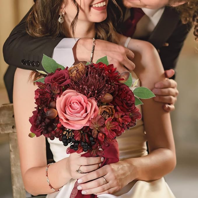 Artificial Flowers Combo Burgundy Flowers Mix Silk Flowers Dahlia Roses - Image 7