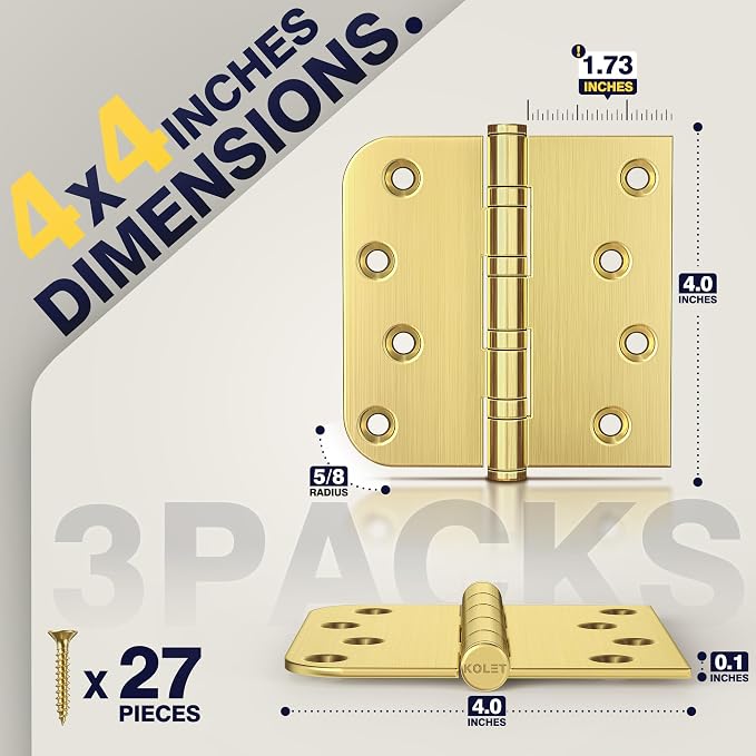 KOLET Ball Bearing Door Hinge, 4 x 4 Inches, Brushed Gold, 3 Pack | Square and - Image 2