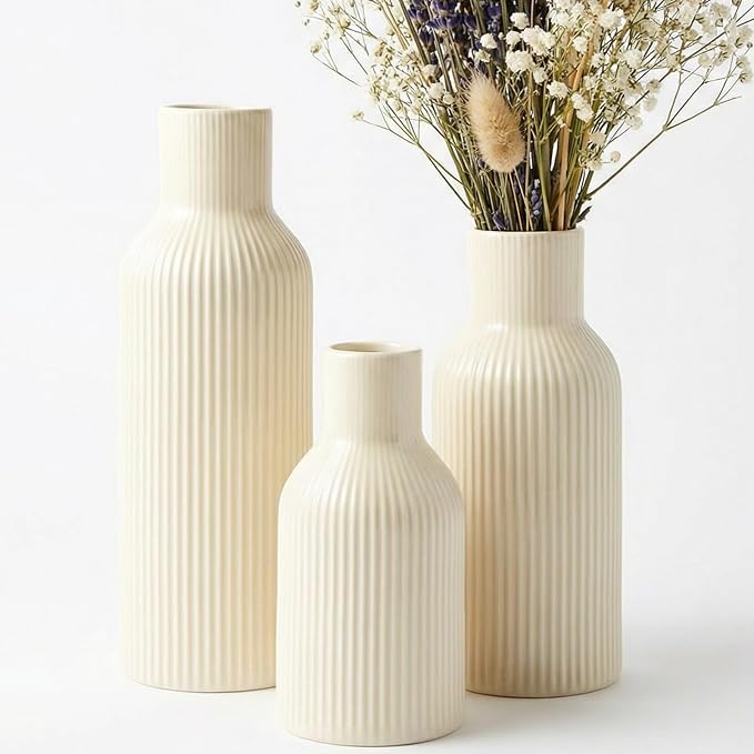 Beige Ceramic Flower Vases Set of 3, Modern Smooth Ribbed Texture, Nordic by TrendEcoHome