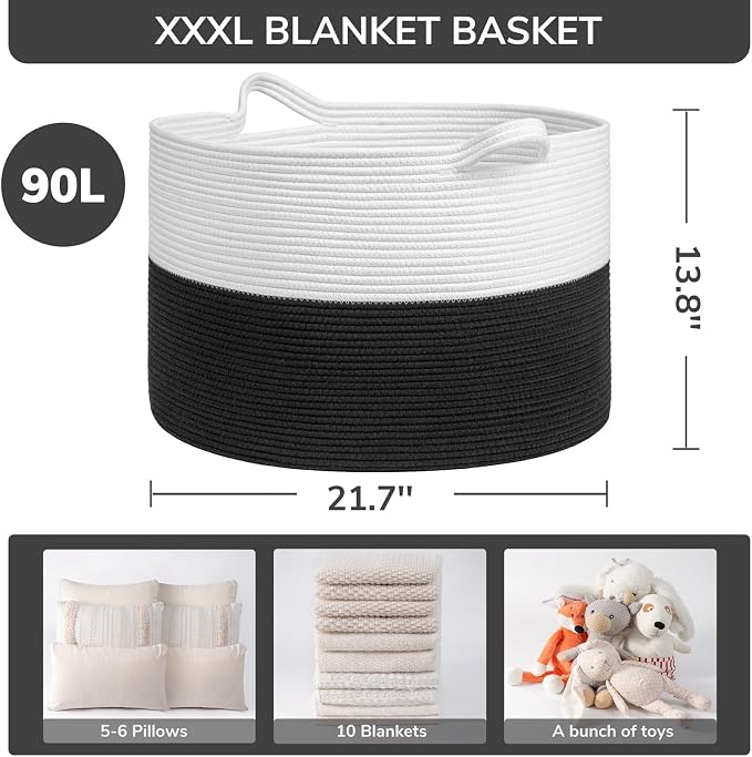 INDRESSME XXXLarge Woven Rope Blanket Basket Living Room White Black, 90L | - Image 3