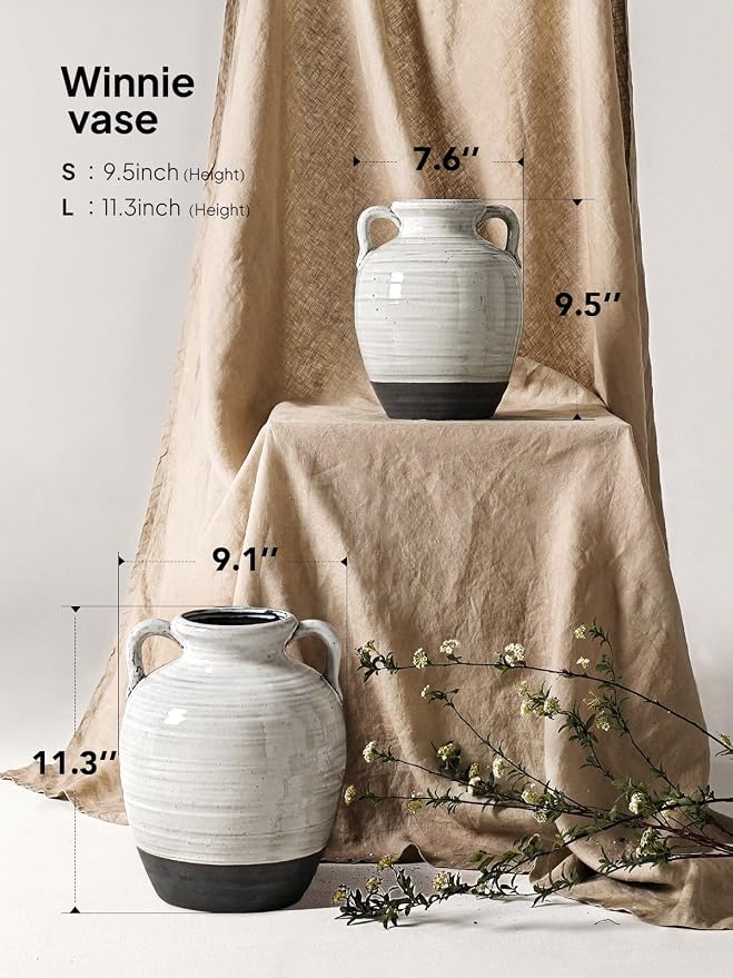 White Ceramic Vase with 2 Handles, 9.5 Inch, Farmhouse Rustic, Aurora White | - Image 4