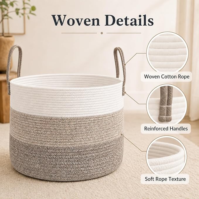 JMvicyroam 65L Extra Large Machine Washable Cotton Rope Blanket Basket | - Image 3