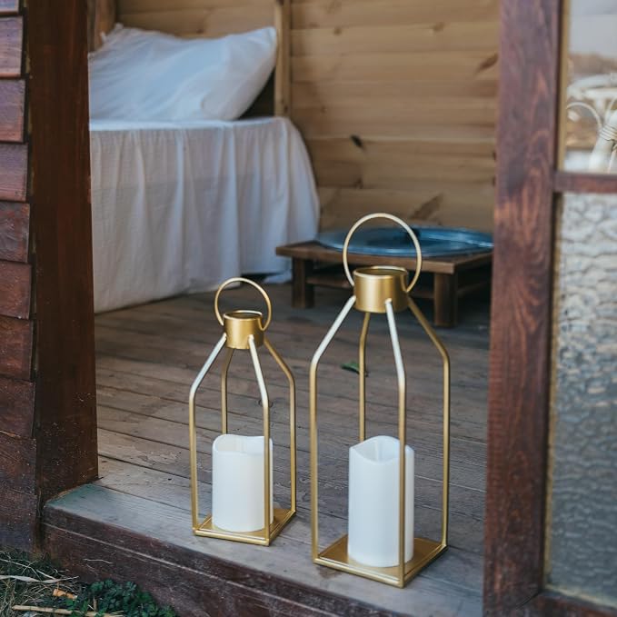 HPC Decor Modern Farmhouse Lantern Decor- Gold Metal Candle Lanterns - Image 3