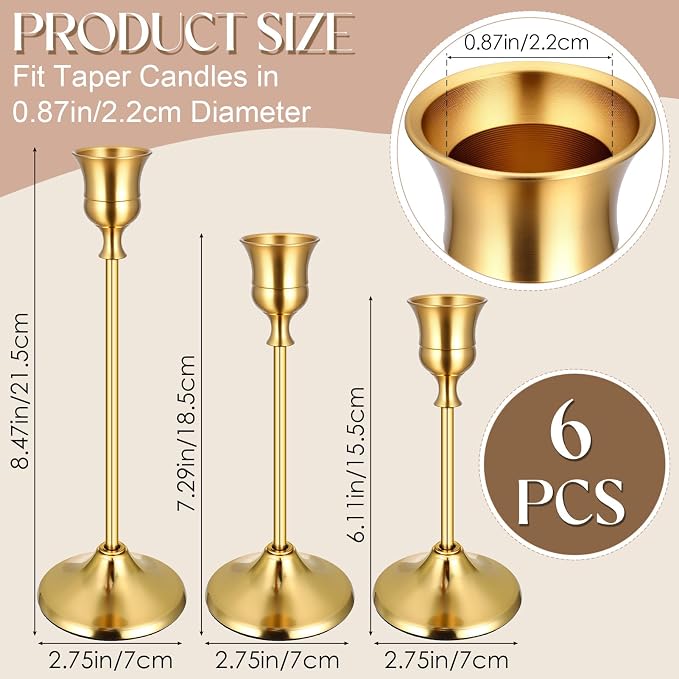 6PCS Brass Gold Taper Candle Holders Set, Vintage Candlestick Holders | Tall - Image 5
