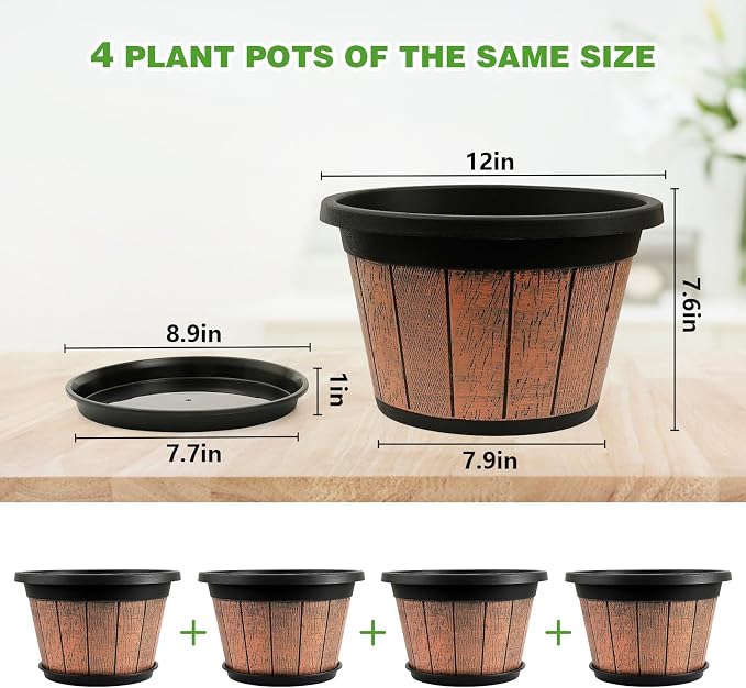 4 Pack 12 inch Plant Pot, Large Whiskey Barrel Planters Indoor Outdoor | - Image 5