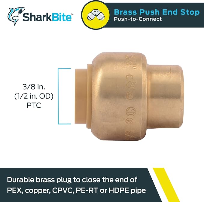 SharkBite 3/8 Inch Push Cap, Push to Connect Brass Plumbing Fitting, PEX Pipe - Image 4