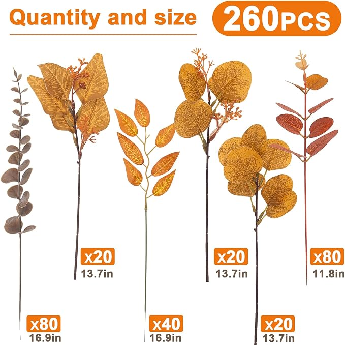 260 Pcs Fall Mixed Greenery Artificial Eucalyptus Stems Bulk, 6 Kinds of Fake - Image 3