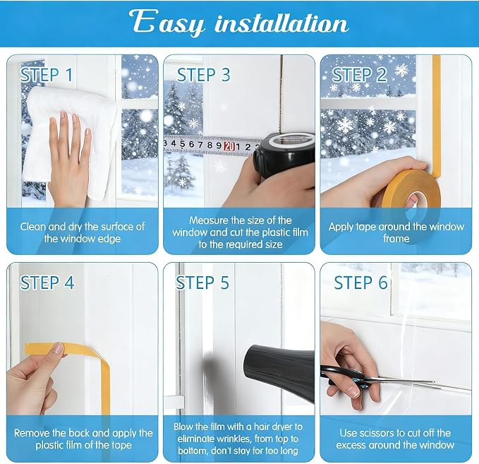 Pangda 2 Pack Window Insulation Kit 63 x 394 Inch Plastic Window Covering - Image 3