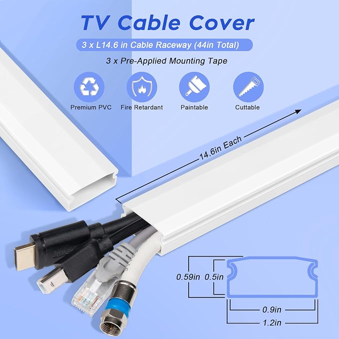 TV Cord Hider, Self Adhesive 44in Cable Raceway Kit, Holds Up to 4 Cables | - Image 2