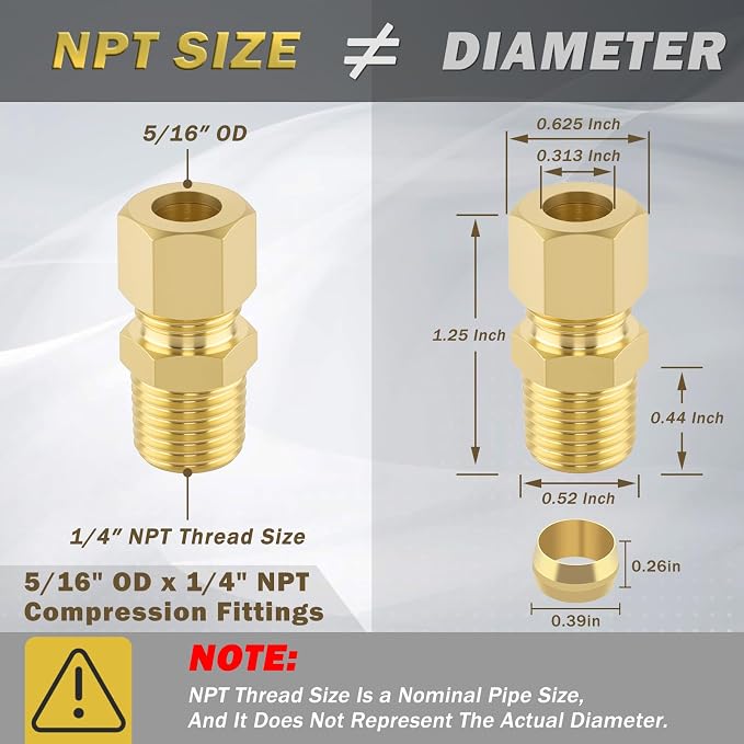 5/16" OD x 1/4" NPT Male Brass Compression Union Fitting, 10 Pack Straight Tube - Image 2