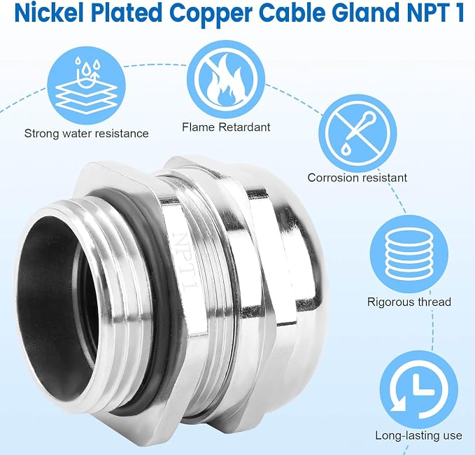 2 Pcs 1" NPT Nickel-Plated Copper Cable Gland | IP68 Waterproof, Metal Strain - Image 4