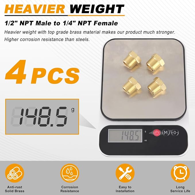 KOOTANS 4pcs Heavy Duty 1/2 NPT Male Thread to 1/4 NPT Female Thread Brass - Image 5