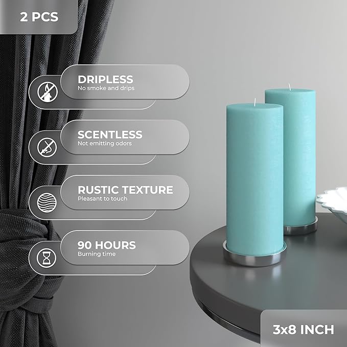 Light Turquoise Pillar Candles 3x8 Inch – Set of 2 Unscented Dripless Large - Image 3