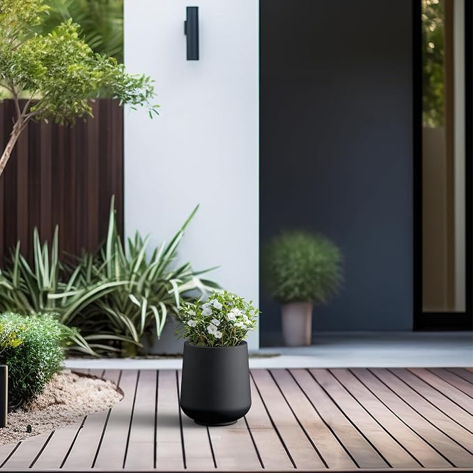 Kante Small Round Curved Black Concrete Planter 9.4" Dia, Outdoor | Rubber Plug - Image 6