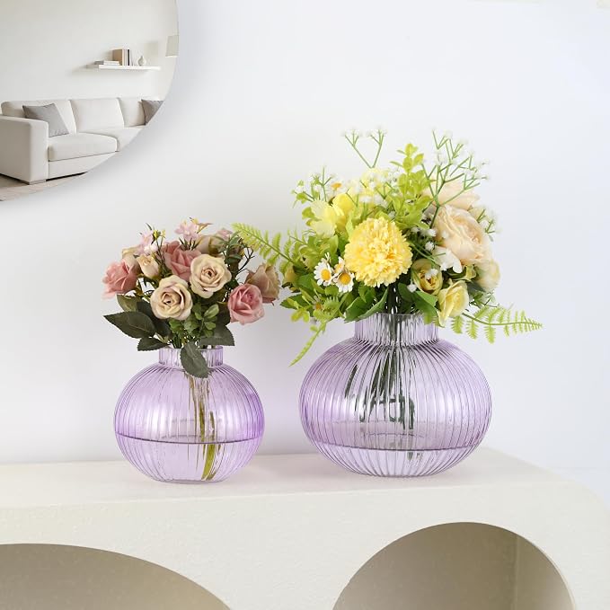 Purple Glass Vases for Tulips, Flower Vases for Bouquet, Ribbed Glass Vase for - Image 5