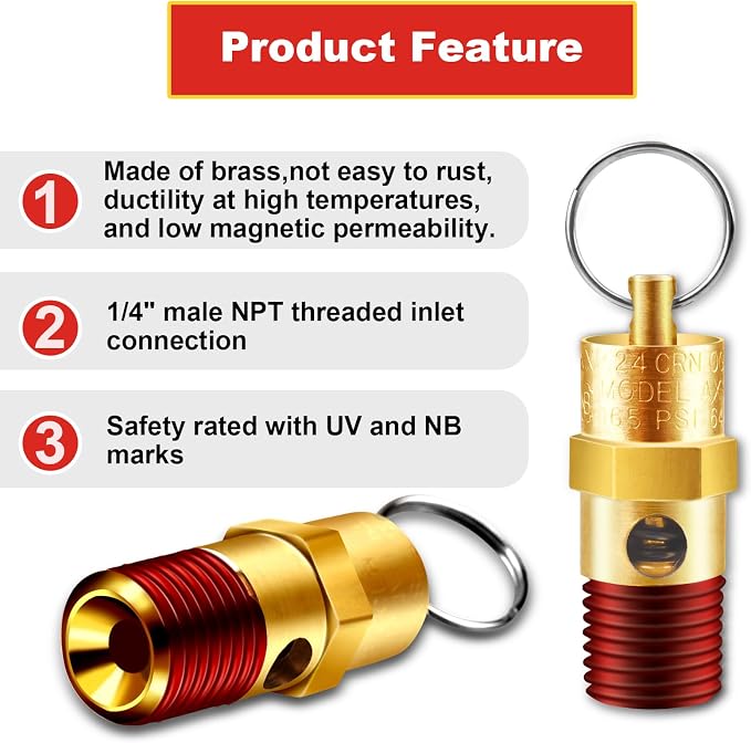 2 Pieces 1/4'' Male NPT Air Compressor Pressure Relief Valve Brass Safety Valve - Image 5