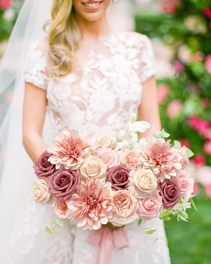 FACINOC Pink Roses Artificial Flowers Dusty Blush Fake Flower Bulk Box Set | - Image 2