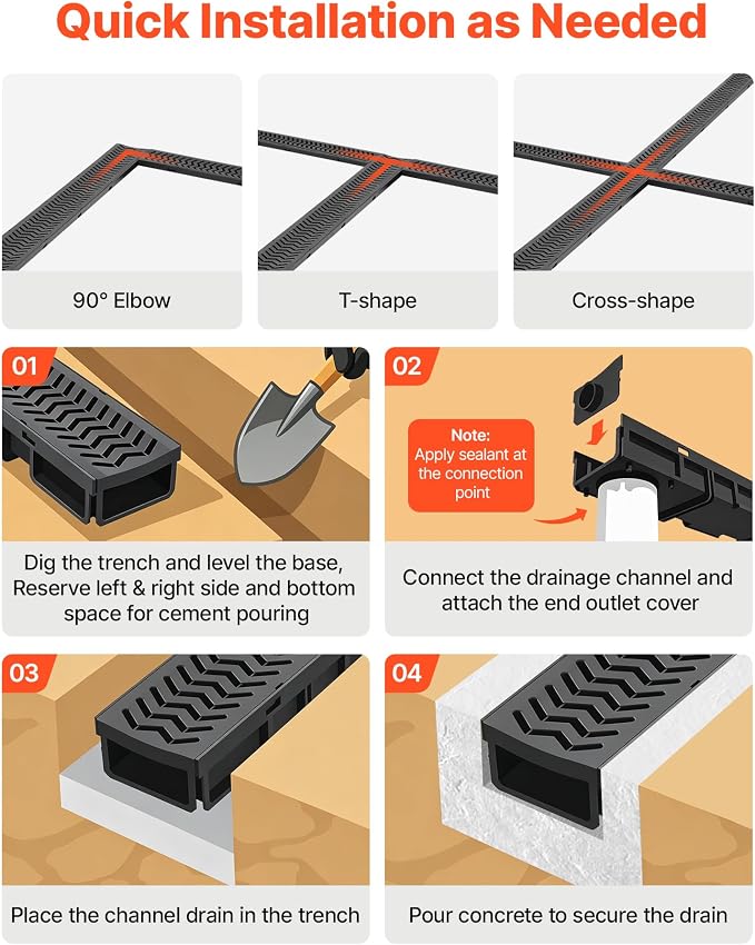 VEVOR Trench Drain, 39.6 x 4.1 x 2.4 in, 5 Pack Linear Drainage Channel - Image 6